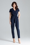 Stylowy kombinezon z luźną draperią w pasie - granatowy