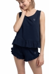 granatowe szorty z falbankami przy nogawkach