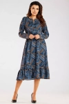 zwiewna sukienka midi w niebieski wzór z rozkloszowanym dołem z falbanką do codziennych stylizacji.webp