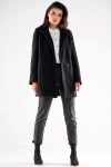 dwurzędowy czarny płaszcz damski za biodra z kieszeniami po bokach i pionowymi przeszyciami.webp