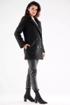modny czarny dwurzędowy płaszcz damski jesienny z pionowymi przeszyciami i kieszeniami po bokach.webp