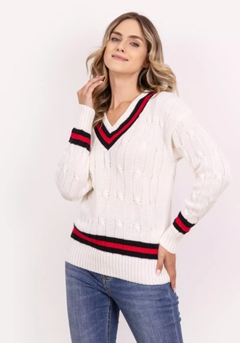 damski sweter ecru w wertykalne wzory.webp