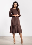 Elegancka sukienka damska chocolate brown midi, rozkloszowana z falbaną bawełniana