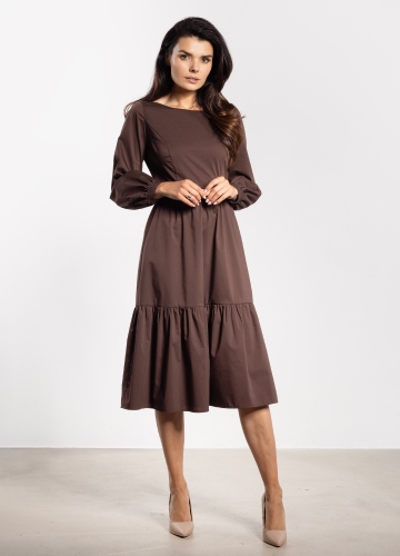 Elegancka sukienka damska chocolate brown midi, rozkloszowana z falbaną bawełniana