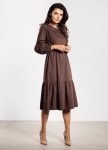 Elegancka sukienka damska chocolate brown midi, rozkloszowana z falbaną bawełniana