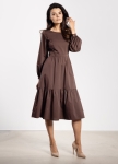 Elegancka sukienka damska chocolate brown midi, rozkloszowana z falbaną bawełniana