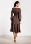Elegancka sukienka damska chocolate brown midi, rozkloszowana z falbaną bawełniana
