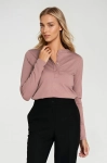Łososiowa bluzka damska henley ze stójką, długi rękaw – ujęcie z przodu, styl smart casual..webp