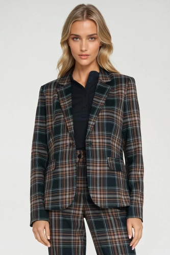 Stylowy żakiet w kratę z zaznaczoną talią i kieszeniami z patkami.webp