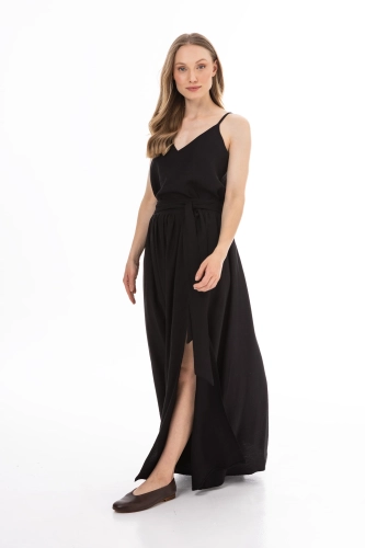 czarny komplet damski top na ramiączkach i spódnica maxi z wiązaniem.webp