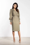 Elegancka sukienka midi w kolorze szałwiowym z długim rękawem na jesień i zimę.webp