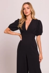 czarny elegancki kombinezon damski z dekoltem v i krótkim bufiastym rękawem.webp