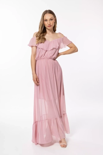 różowa sukienka hiszpanka z szyfonu maxi.webp