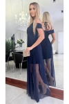 Sukienka wieczorowa z kopertowym dekoltem. granat.webp