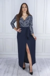 Elegancka sukienka maxi z kopertowym dekoltem granat srebro.webp