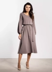 Elegancka sukienka damska taupe midi, elegancka klasyczna stylizacja do pracy