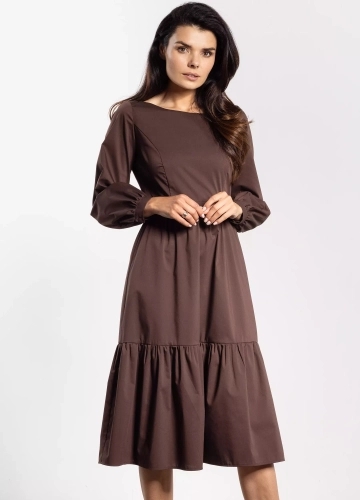 Elegancka sukienka damska chocolate brown midi, rozkloszowana z falbaną bawełniana