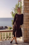 Elegancka sukienka damska chocolate brown midi, rozkloszowana z falbaną bawełniana