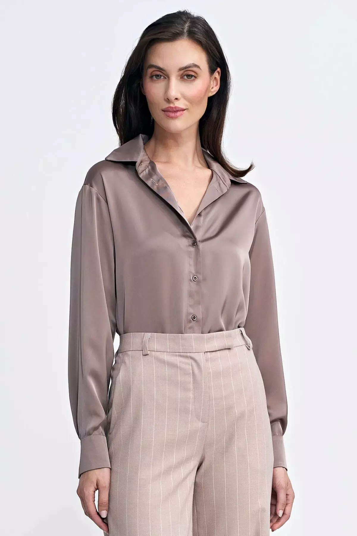 Elegancka Satynowa Koszula Damska Z D ugim R kawem